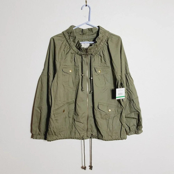 Relativity Womens Olive Green Drawstring Jacket Pockets roll tab sleeves Large - Picture 5 of 7